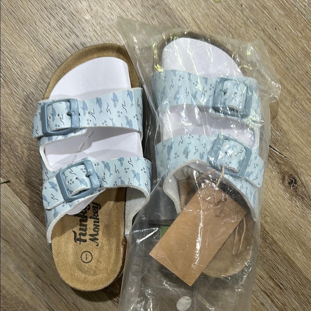 NWT Kids Blue Sandals with shark and ocean design. Size 1